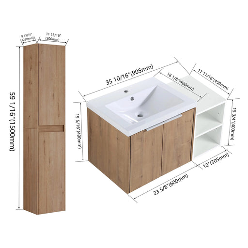 36' Wall-Mounted Bathroom Vanity With Sink and Side Cabinet, Soft Close Doors,00112IMOx2-0624IMO-0612GWH Combination Cabinet(KD-Packing) Default -DTYStore