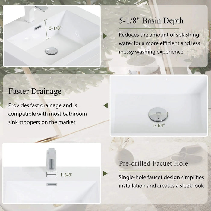 36' Wall-Mounted Bathroom Vanity with Sink, Floating Bathroom Storage Cabinet with Stone Resin Countertop and Soft Close Drawers, Glossy White 24V15-36GW Default -DTYStore