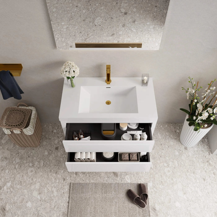 36' Wall-Mounted Bathroom Vanity with Sink, Floating Bathroom Storage Cabinet with Stone Resin Countertop and Soft Close Drawers, Glossy White 24V15-36GW Default -DTYStore