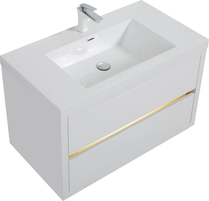 36' Wall-Mounted Bathroom Vanity with Sink, Floating Bathroom Storage Cabinet with Stone Resin Countertop and Soft Close Drawers, Glossy White 24V15-36GW Default -DTYStore