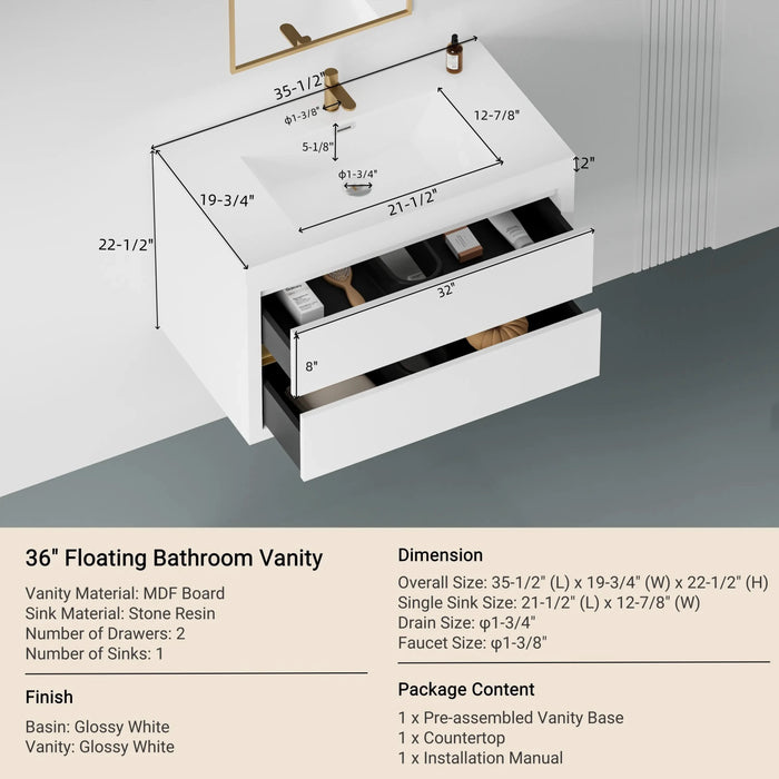 36' Wall-Mounted Bathroom Vanity with Sink, Floating Bathroom Storage Cabinet with Stone Resin Countertop and Soft Close Drawers, Glossy White 24V15-36GW Default -DTYStore