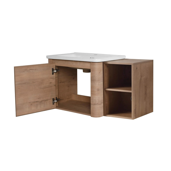 36'' Wall-Mounted Bathroom Vanity with White Ceramic Sink and Storage Shelves & 1-Soft-Close Door, KD-Packing, Plywood Default -DTYStore