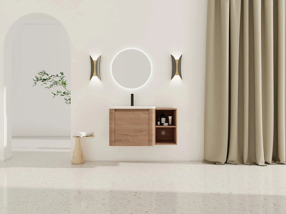 36'' Wall-Mounted Bathroom Vanity with White Ceramic Sink and Storage Shelves & 1-Soft-Close Door, KD-Packing, Plywood Default -DTYStore