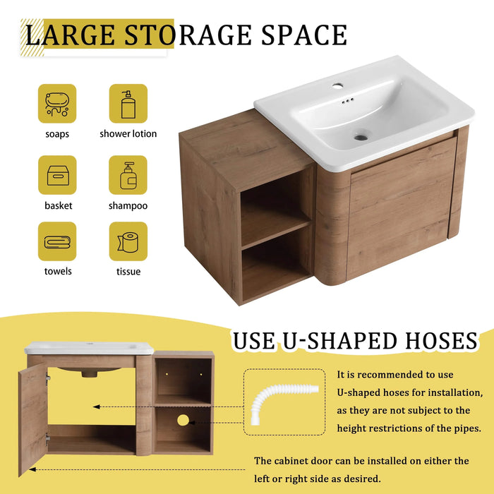 36'' Wall-Mounted Bathroom Vanity with White Ceramic Sink and Storage Shelves & 1-Soft-Close Door, KD-Packing, Plywood Default -DTYStore