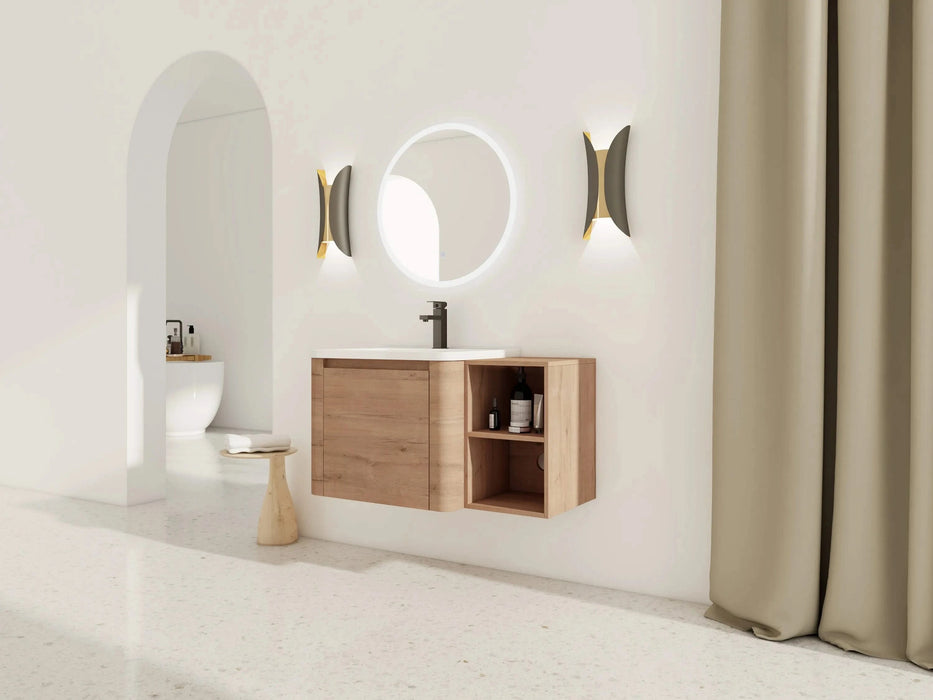 36'' Wall-Mounted Bathroom Vanity with White Ceramic Sink and Storage Shelves & 1-Soft-Close Door, KD-Packing, Plywood Default -DTYStore