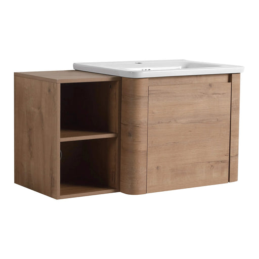 36'' Wall-Mounted Bathroom Vanity with White Ceramic Sink and Storage Shelves & 1-Soft-Close Door, KD-Packing, Plywood Default -DTYStore