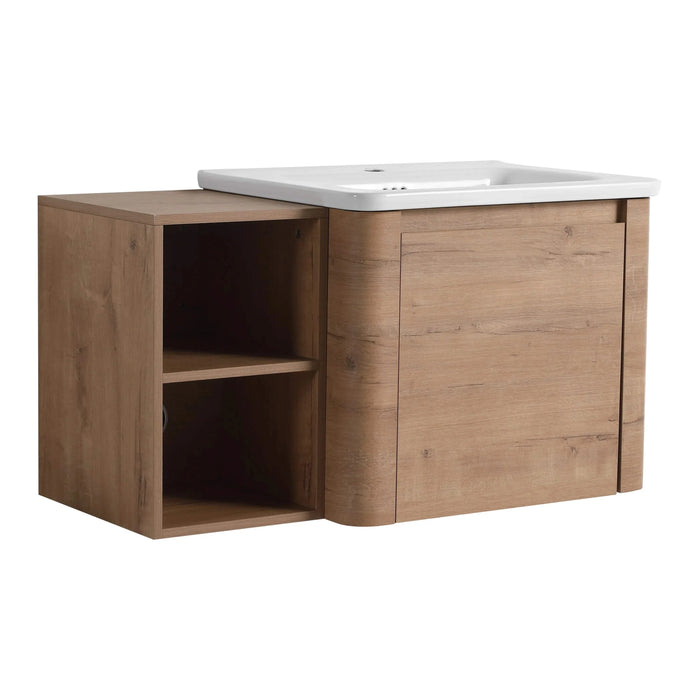 36'' Wall-Mounted Bathroom Vanity with White Ceramic Sink and Storage Shelves & 1-Soft-Close Door, KD-Packing, Plywood Default -DTYStore