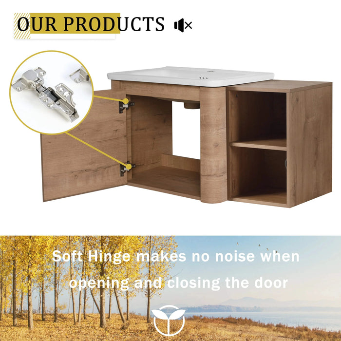 36'' Wall-Mounted Bathroom Vanity with White Ceramic Sink and Storage Shelves & 1-Soft-Close Door, KD-Packing, Plywood Default -DTYStore