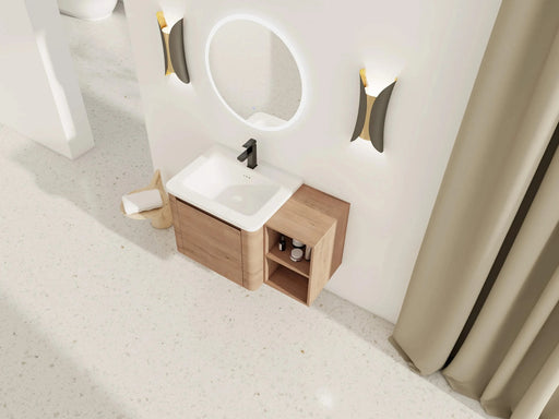 36'' Wall-Mounted Bathroom Vanity with White Ceramic Sink and Storage Shelves & 1-Soft-Close Door, KD-Packing, Plywood Default -DTYStore