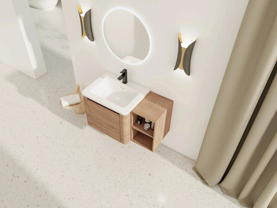 36'' Wall-Mounted Bathroom Vanity with White Ceramic Sink and Storage Shelves & 1-Soft-Close Door, KD-Packing, Plywood Default -DTYStore