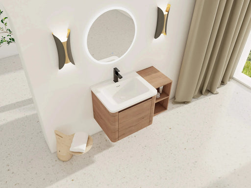 36'' Wall-Mounted Bathroom Vanity with White Ceramic Sink and Storage Shelves & 1-Soft-Close Door, KD-Packing, Plywood Default -DTYStore