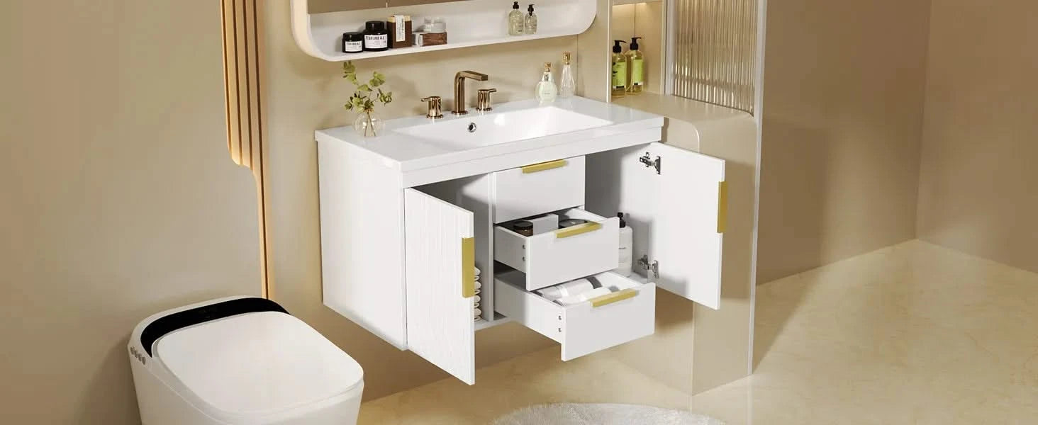 36'' Wall Mounted Bathroom Vanity, Floating Bathroom Storage Cabinet with 2 Drawers, Solid Wood Bathroom Cabinet (Same as N710S236003K) Default -DTYStore