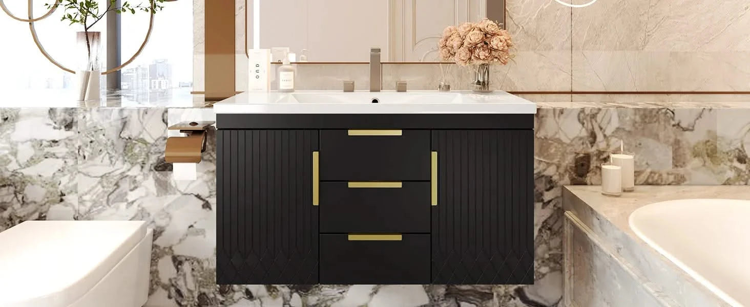 36'' Wall Mounted Bathroom Vanity with Resin Sink, Floating Bathroom Storage Cabinet with 2 Drawers, Solid Wood Bathroom Cabinet (Same as N710S236003B) Default -DTYStore