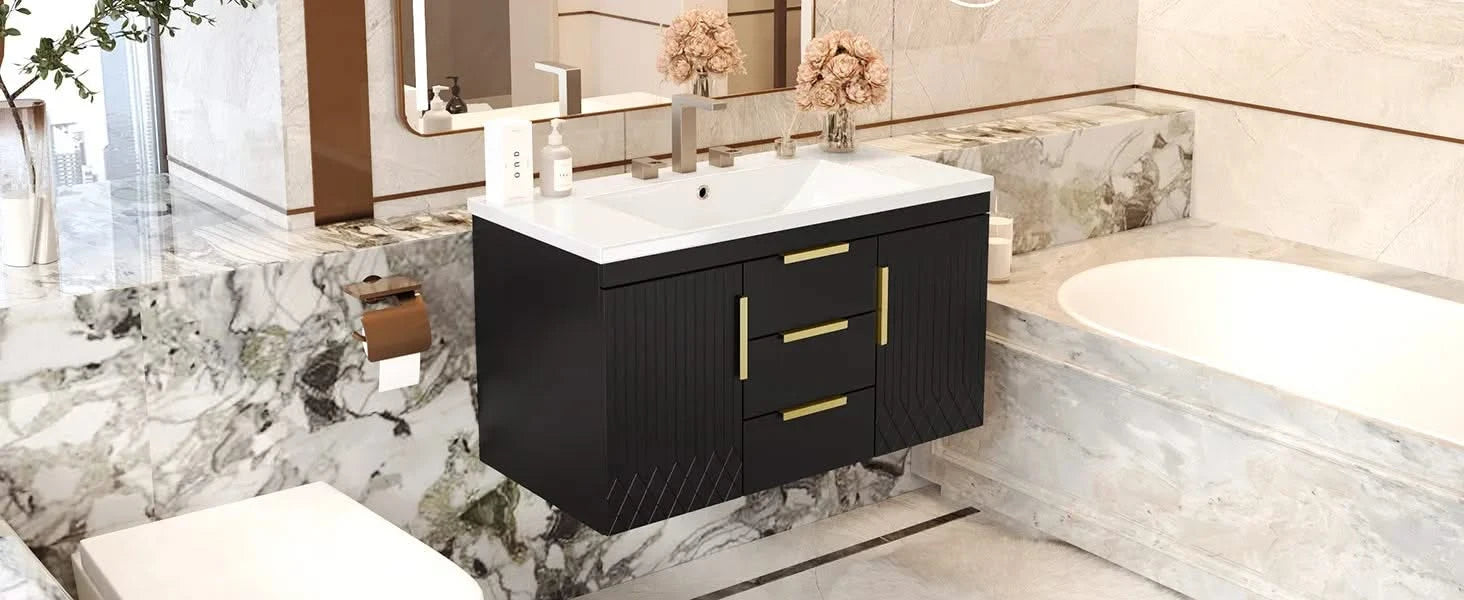 36'' Wall Mounted Bathroom Vanity with Resin Sink, Floating Bathroom Storage Cabinet with 2 Drawers, Solid Wood Bathroom Cabinet (Same as N710S236003B) Default -DTYStore