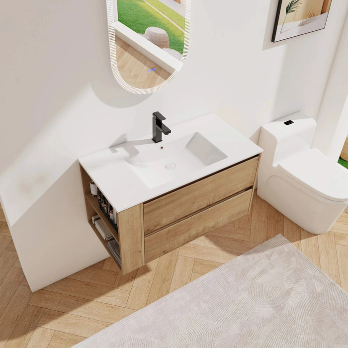 36' Wall Mounting Bathroom Vanity With Ceramic Sink, Soft Close Drawer Default -DTYStore