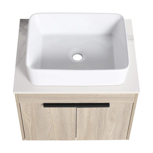 36 ' Modern Design Float Bathroom Vanity With Ceramic Art Sink, White Flat Stone Slab and Small Storage Shelves, Soft Closed Door,KD-Package (TOP-BAB110MOWH) Default -DTYStore