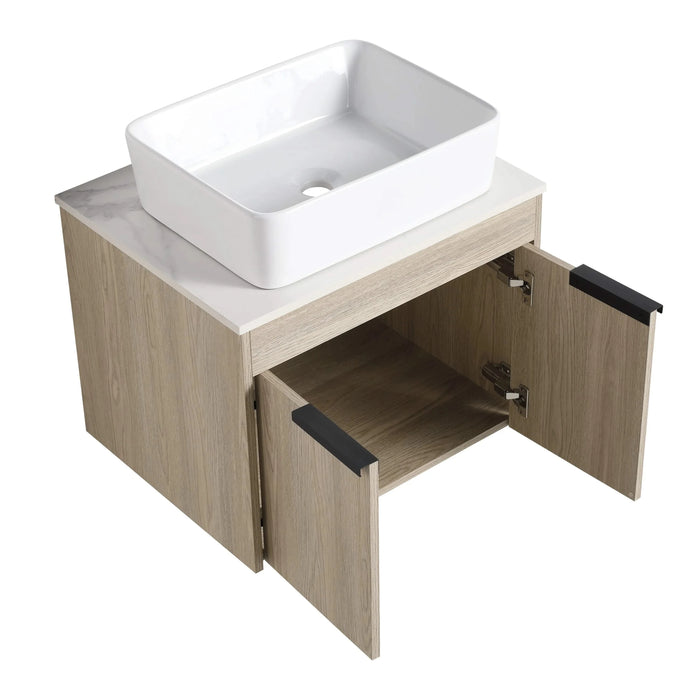 36 ' Modern Design Float Bathroom Vanity With Ceramic Art Sink, White Flat Stone Slab and Small Storage Shelves, Soft Closed Door,KD-Package (TOP-BAB110MOWH) Default -DTYStore