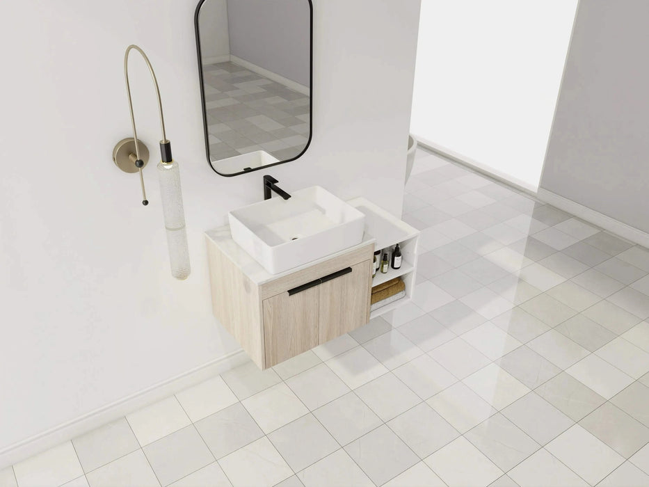 36 ' Modern Design Float Bathroom Vanity With Ceramic Art Sink, White Flat Stone Slab and Small Storage Shelves, Soft Closed Door,KD-Package (TOP-BAB110MOWH) Default -DTYStore