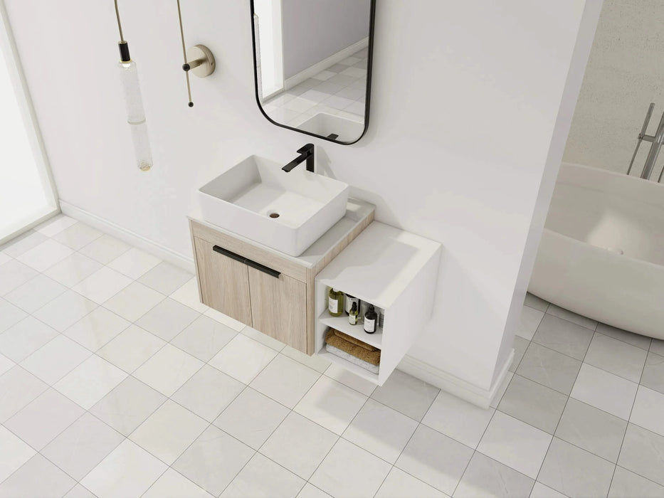 36 ' Modern Design Float Bathroom Vanity With Ceramic Art Sink, White Flat Stone Slab and Small Storage Shelves, Soft Closed Door,KD-Package (TOP-BAB110MOWH) Default -DTYStore