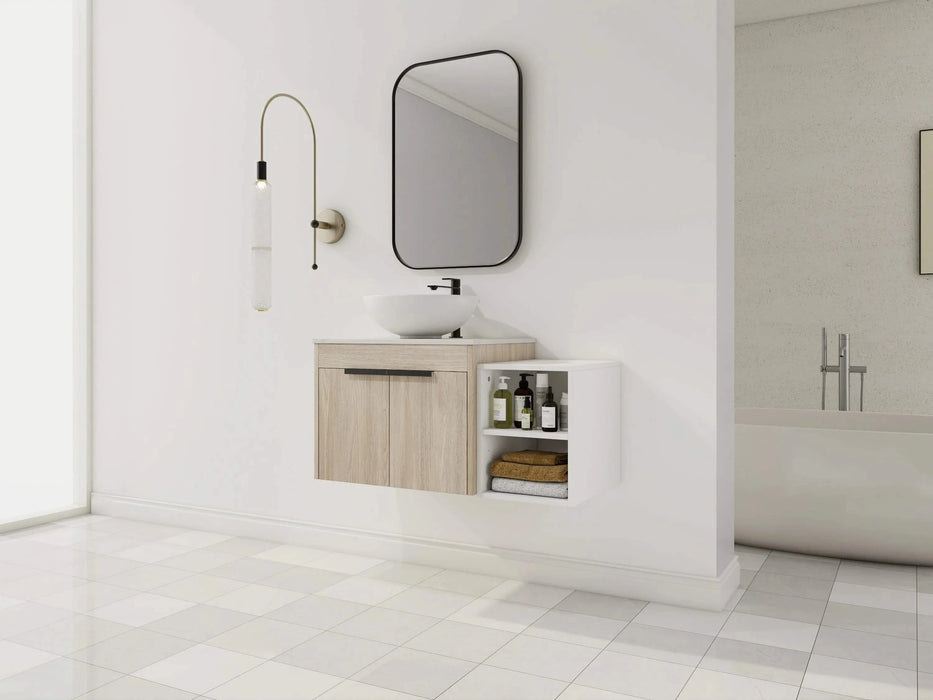 36 ' Modern Design Float Bathroom Vanity With Ceramic Art Sink, White Flat Stone Slab and Small Storage Shelves, Soft Closed Door,KD-Package (TOP-BAB321MOWH) Default -DTYStore