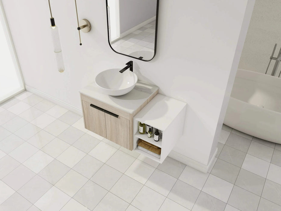36 ' Modern Design Float Bathroom Vanity With Ceramic Art Sink, White Flat Stone Slab and Small Storage Shelves, Soft Closed Door,KD-Package (TOP-BAB321MOWH) Default -DTYStore