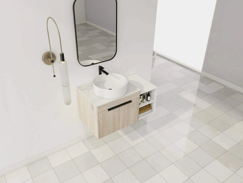 36 ' Modern Design Float Bathroom Vanity With Ceramic Art Sink, White Flat Stone Slab and Small Storage Shelves, Soft Closed Door,KD-Package (TOP-BAB400MOWH) Default -DTYStore