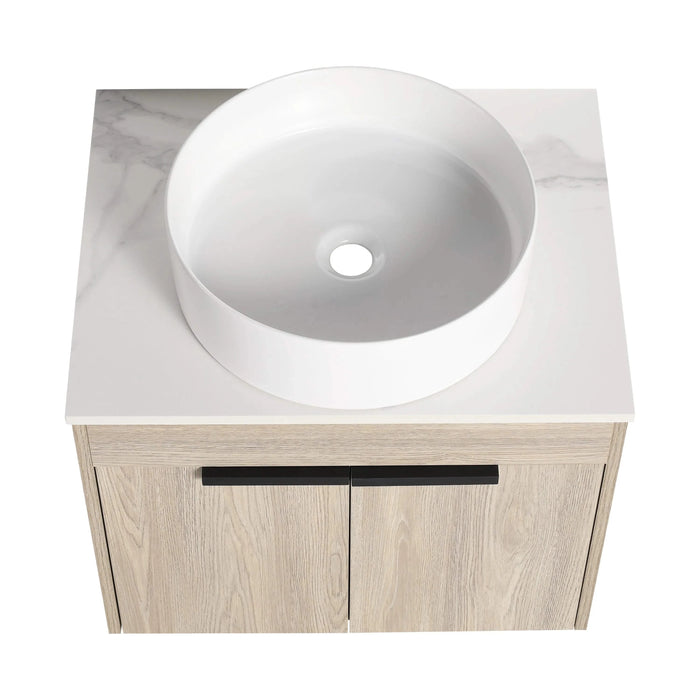 36 ' Modern Design Float Bathroom Vanity With Ceramic Art Sink, White Flat Stone Slab and Small Storage Shelves, Soft Closed Door,KD-Package (TOP-BAB400MOWH) Default -DTYStore