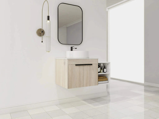 36 ' Modern Design Float Bathroom Vanity With Ceramic Art Sink, White Flat Stone Slab and Small Storage Shelves, Soft Closed Door,KD-Package (TOP-BAB400MOWH) Default -DTYStore