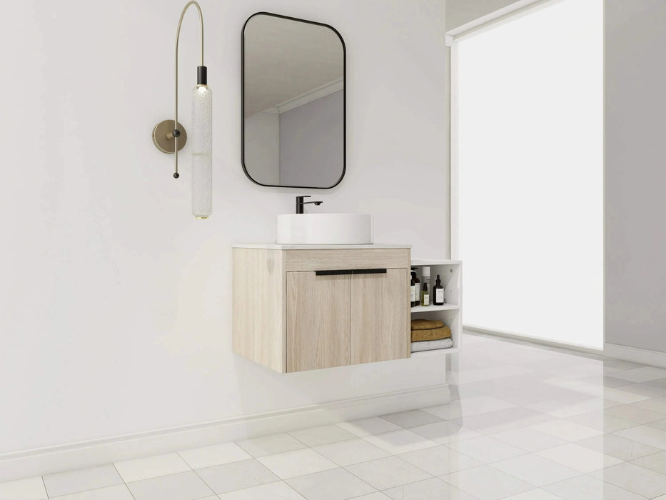 36 ' Modern Design Float Bathroom Vanity With Ceramic Art Sink, White Flat Stone Slab and Small Storage Shelves, Soft Closed Door,KD-Package (TOP-BAB400MOWH) Default -DTYStore