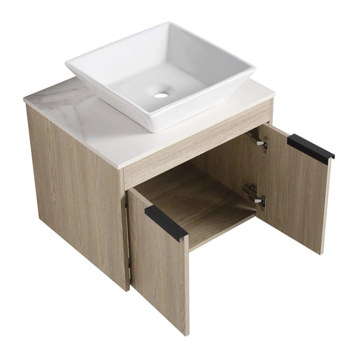 36 ' Modern Design Float Bathroom Vanity With Ceramic Art Sink, White Flat Stone Slab and Small Storage Shelves, Soft Closed Door, KD-Package (TOP-BAB101MOWH) Default -DTYStore