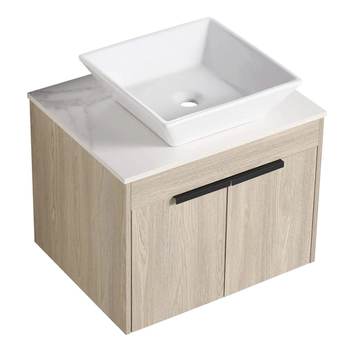 36 ' Modern Design Float Bathroom Vanity With Ceramic Art Sink, White Flat Stone Slab and Small Storage Shelves, Soft Closed Door, KD-Package (TOP-BAB101MOWH) Default -DTYStore