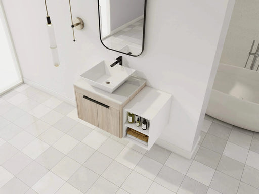 36 ' Modern Design Float Bathroom Vanity With Ceramic Art Sink, White Flat Stone Slab and Small Storage Shelves, Soft Closed Door, KD-Package (TOP-BAB101MOWH) Default -DTYStore