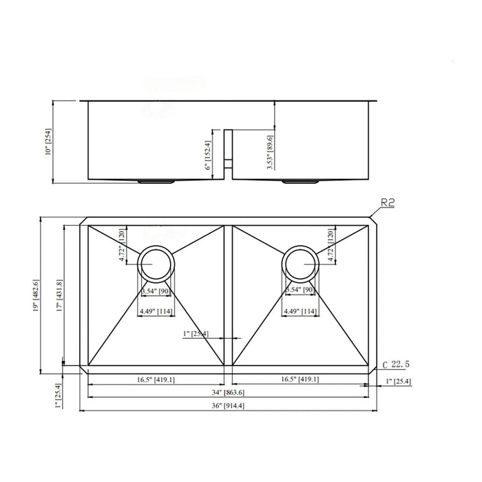 36' x 19' Modern Double Bowl Undermount Sink with Two 10' Deep Basins in Brushed Nickel Stainless Steel Default -DTYStore