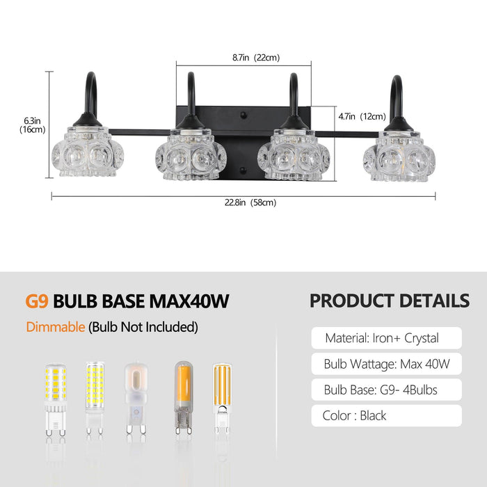 Retro 4-Light Bathroom Vanity Light Fixture - Black Finish with Crystal Glass Shades, Wall Mounted Lighting for Bathroom, Powder Room, and Vanity Mirror (No Bulbs) - DTYStore