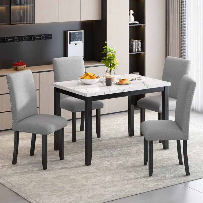 Faux Marble 5-Piece Dining Set Table with 4 Thicken Cushion Dining Chairs Home Furniture, White/Light Gray+Black - DTYStore