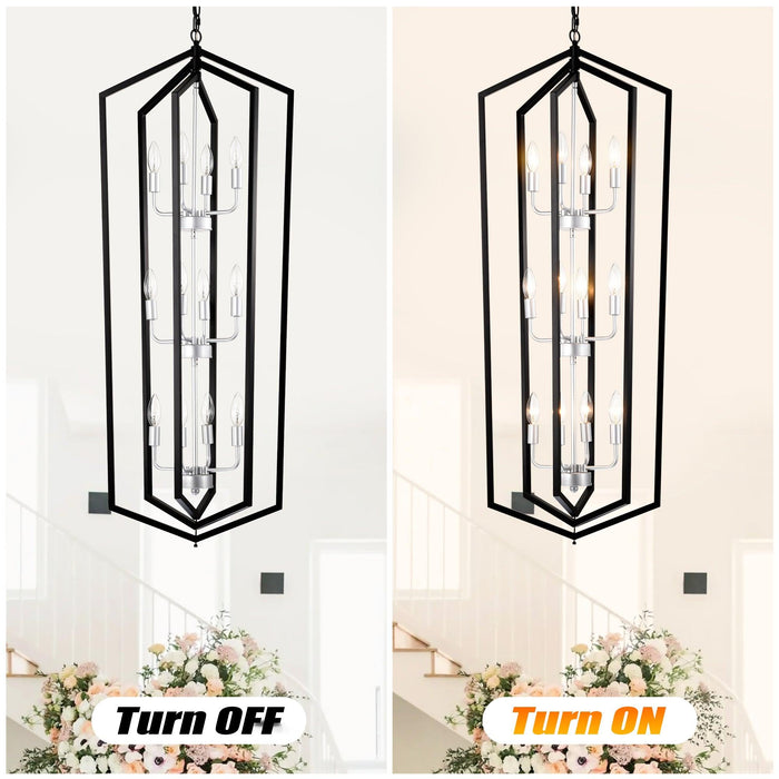 12-Light Farmhouse Kitchen Chandeliers, Matte Black and Sliver Vintage Rustic Cage Light Fixture Adjustable Height Chandeliers for Dining Room Hallway Foyer Entryway(E12 Bulbs Not Included)