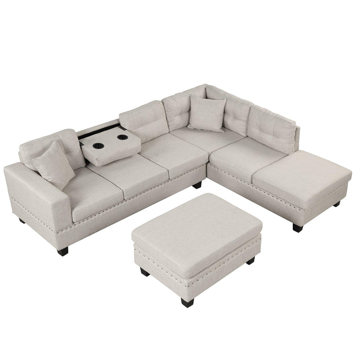 105" Modern Sectional Sofa with Storage Ottoman, L-Shape Couch with 2 Pillows and Cup Holder,Sectional Sofa with Reversible Chaise for Living Room,Light Gray - DTYStore