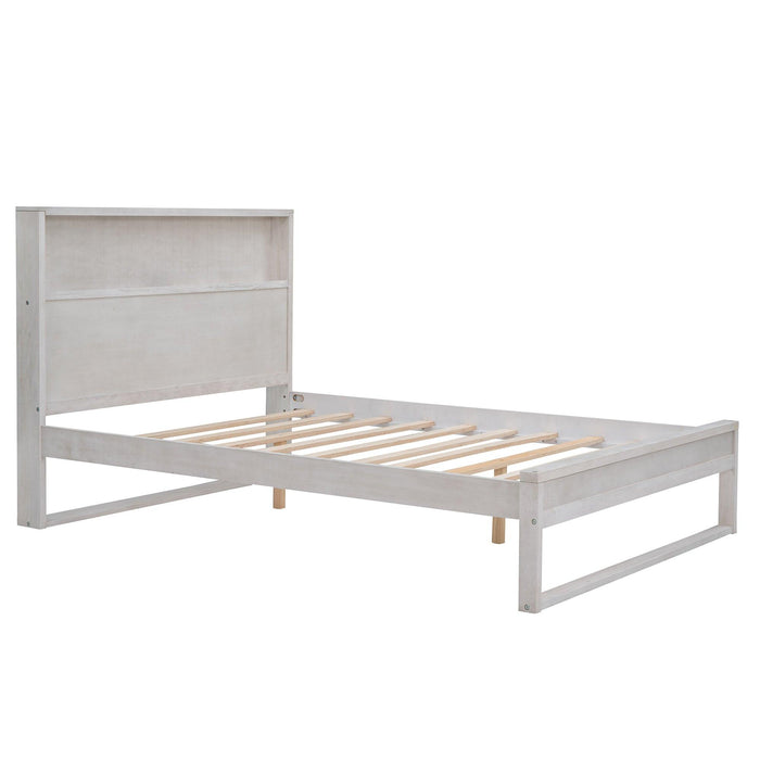 Platform Bed with Storage Headboard,Sockets and USB Ports,Full Size Platform Bed,Antique White - DTYStore