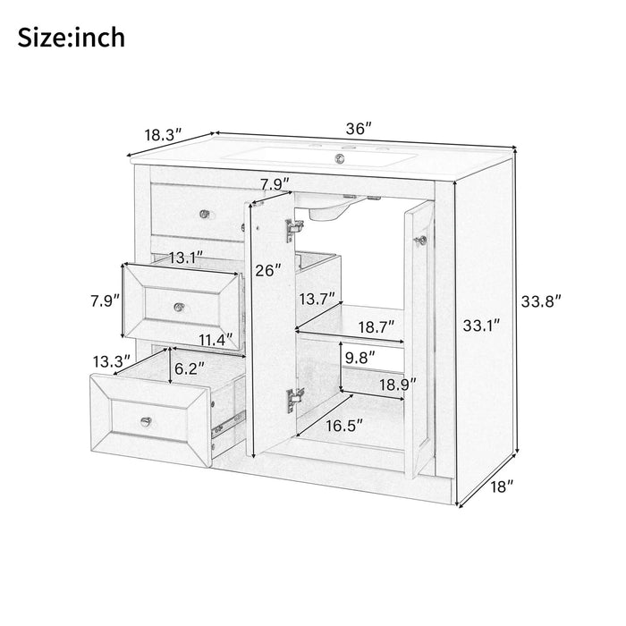 36inch Bathroom Vanity with Ceramic Sink, Bathroom Storage Cabinet with 2 Drawers& Shelf, Solid Wood and MDF Board, Freestanding Bathroom Cabinet (Blue) Default -DTYStore