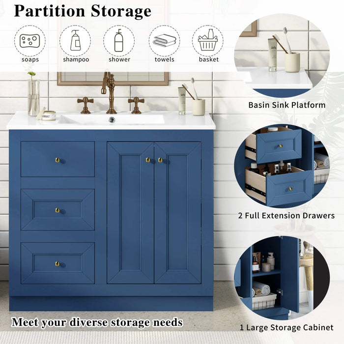36inch Bathroom Vanity with Ceramic Sink, Bathroom Storage Cabinet with 2 Drawers& Shelf, Solid Wood and MDF Board, Freestanding Bathroom Cabinet (Blue) Default -DTYStore