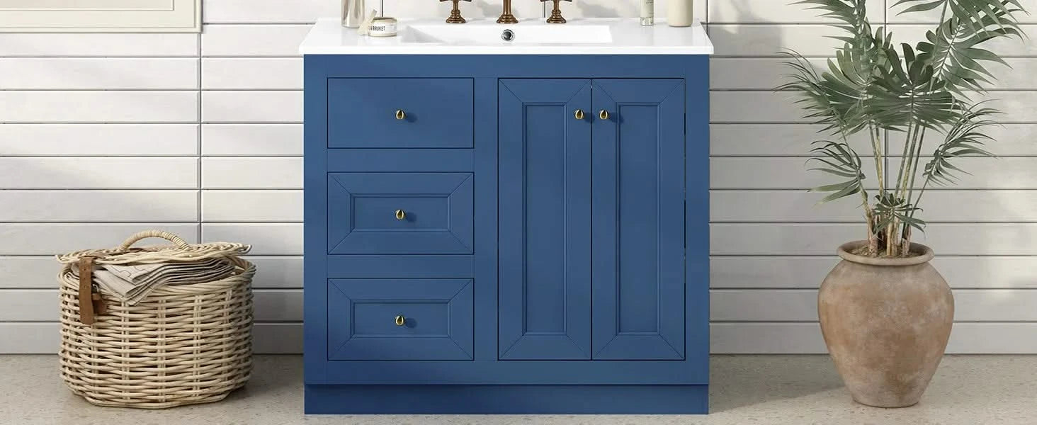 36inch Bathroom Vanity with Ceramic Sink, Bathroom Storage Cabinet with 2 Drawers& Shelf, Solid Wood and MDF Board, Freestanding Bathroom Cabinet (Blue) Default -DTYStore