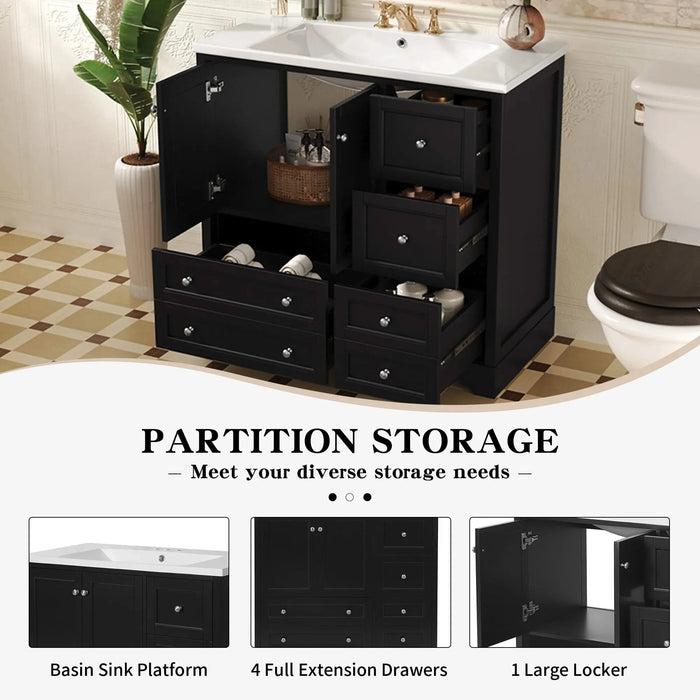 36inch Bathroom Vanity with Sink, Solid Wood Freestanding Bathroom Vanities with 4 Storage Drawers and Shelf, Soft Closing Doors Default -DTYStore