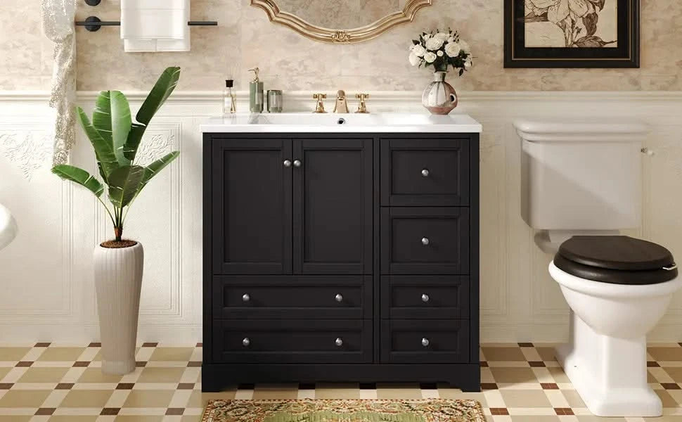 36inch Bathroom Vanity with Sink, Solid Wood Freestanding Bathroom Vanities with 4 Storage Drawers and Shelf, Soft Closing Doors Default -DTYStore