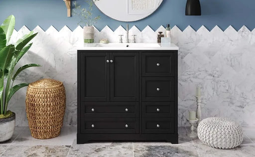 36inch Bathroom Vanity with Sink, Solid Wood Freestanding Bathroom Vanities with 4 Storage Drawers and Shelf, Soft Closing Doors Default -DTYStore