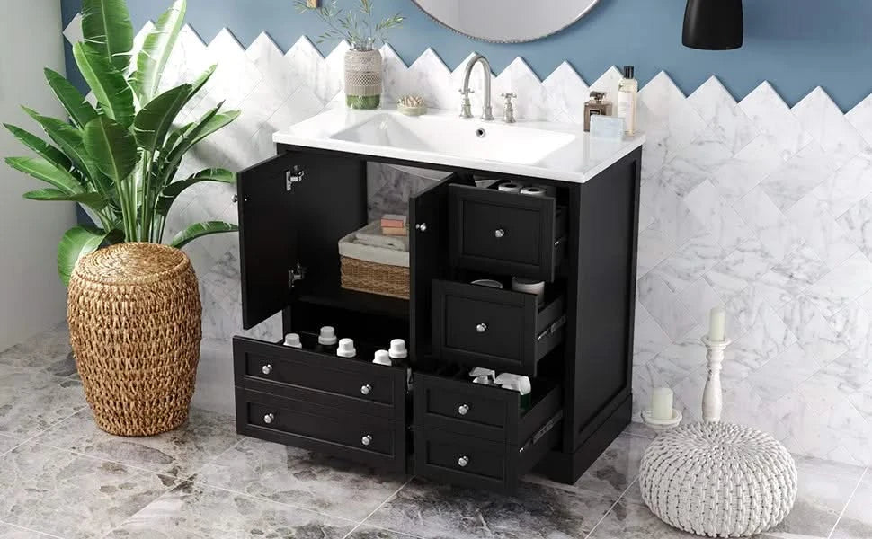 36inch Bathroom Vanity with Sink, Solid Wood Freestanding Bathroom Vanities with 4 Storage Drawers and Shelf, Soft Closing Doors Default -DTYStore