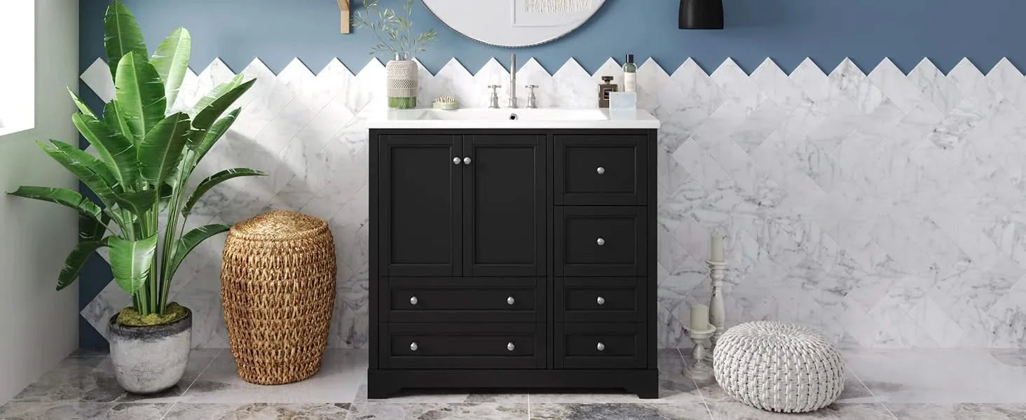 36inch Bathroom Vanity with Sink, Solid Wood Freestanding Bathroom Vanities with 4 Storage Drawers and Shelf, Soft Closing Doors Default -DTYStore