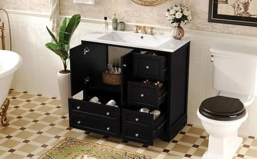 36inch Bathroom Vanity with Sink, Solid Wood Freestanding Bathroom Vanities with 4 Storage Drawers and Shelf, Soft Closing Doors Default -DTYStore