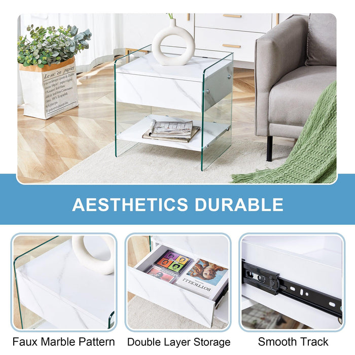 Bedside table with drawers. The board surface is MDF sticker, and both sides are transparent tempered glass. The design is simple and elegant, with excellent storage functions. - DTYStore