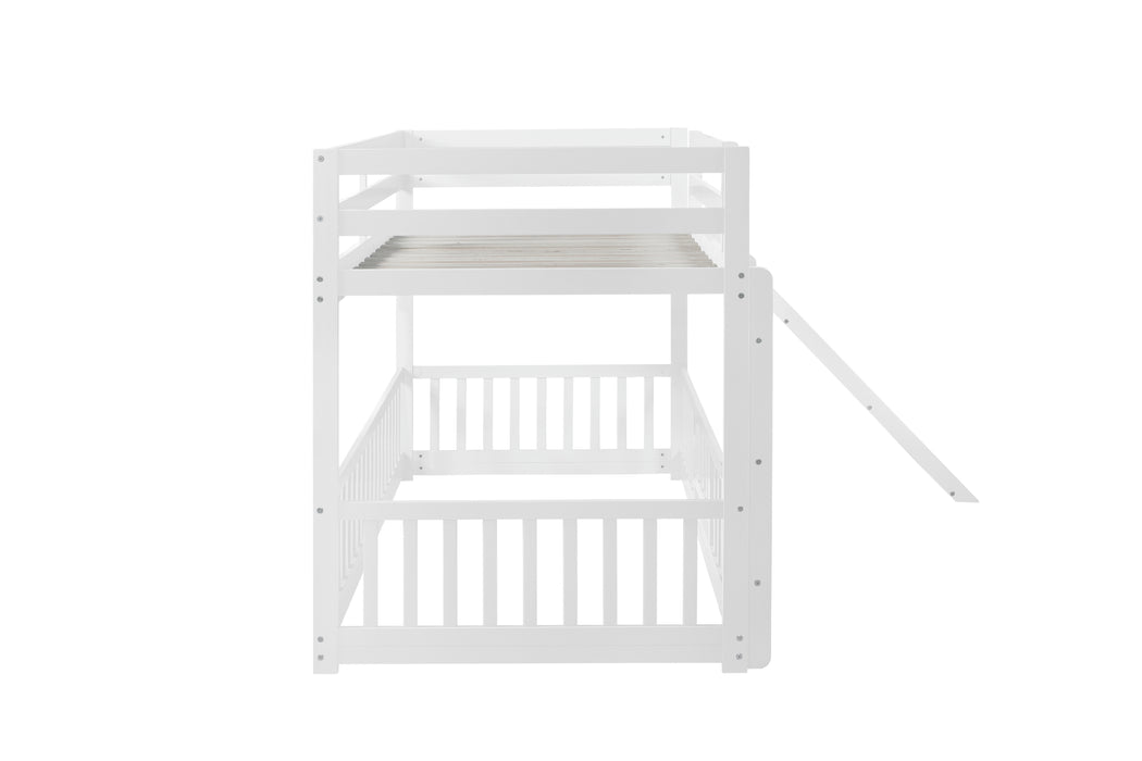 Twin Over Twin Floor Bunk Bed with Slide, Ladder, Door, Safety Guardrails, Solid Pine Wood Bunk Bed ,White