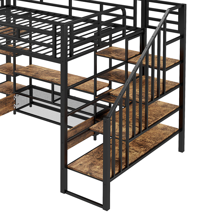 Full Size Metal Loft Bed with Staircase,Low Storage Table and Storage Shelves,Black